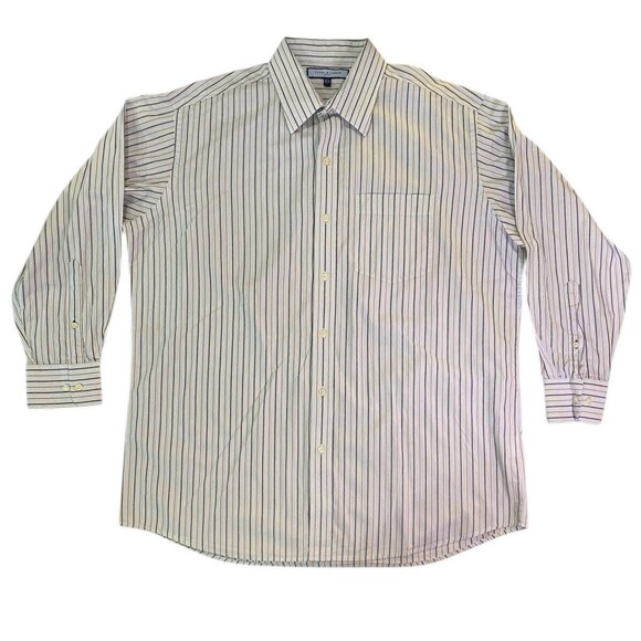 Tommy Hilfiger Shirt Mens Large White w/Brown Blue Striped Long Sleeve Button Up - Picture 2 of 9